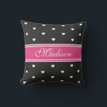 Hot Pink and Black Personalised Name Tiny Hearts Cushion<br><div class="desc">Cute girly heart patterned pillow featuring a trendy ribbon design that you can customise with your name,  text of choice,  or initials. Easily custom design this trendy modern pillow with your font of choice by clicking the "customise it button".</div>