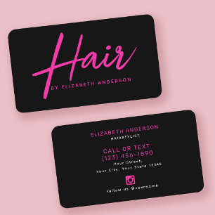Hot Pink and Black Retro Script Hairstylist  Business Card