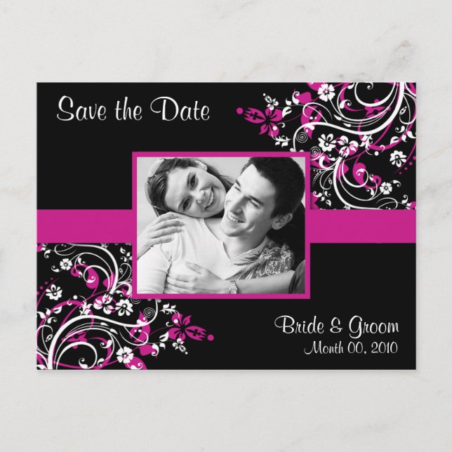 Hot Pink and Black Save the Date Photo Postcards (Front)
