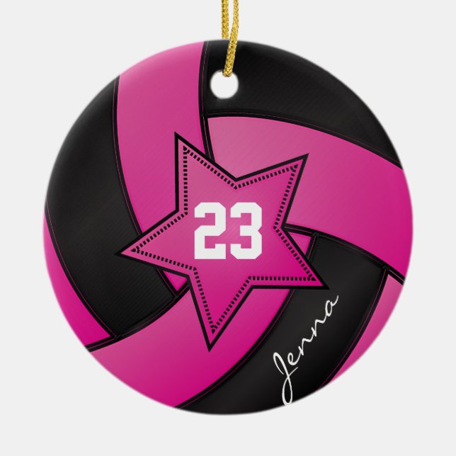 Hot Pink and Black Star Volleyball Ceramic Tree Decoration (Front)