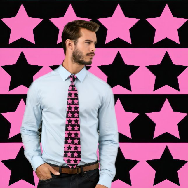 Hot Pink and Black Striped Tie (Star Pattern) (Man wears a necktie with an alternating pattern of hot pink and black stars and stripes.)