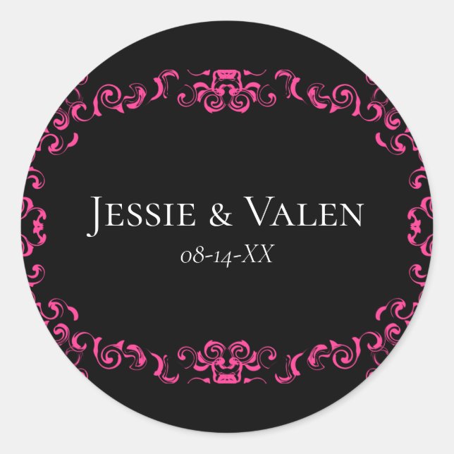 Hot Pink and Black Swirl Gothic Wedding Classic Round Sticker (Front)