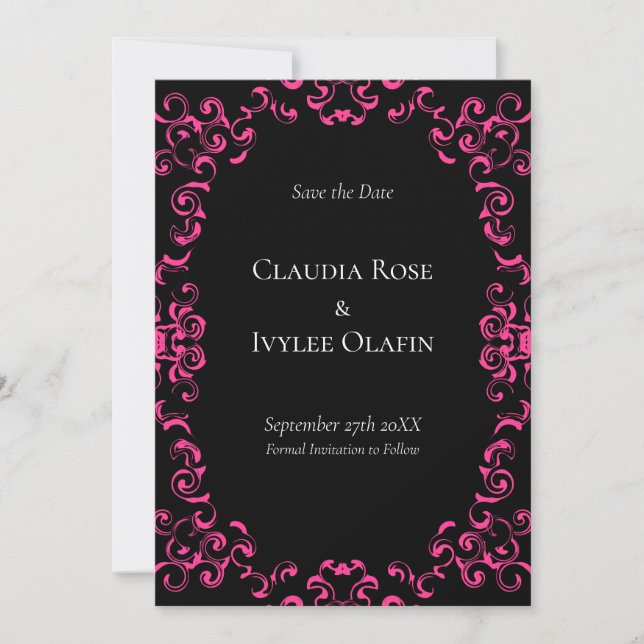 Hot Pink and Black Swirl Gothic Wedding Invitation (Front)