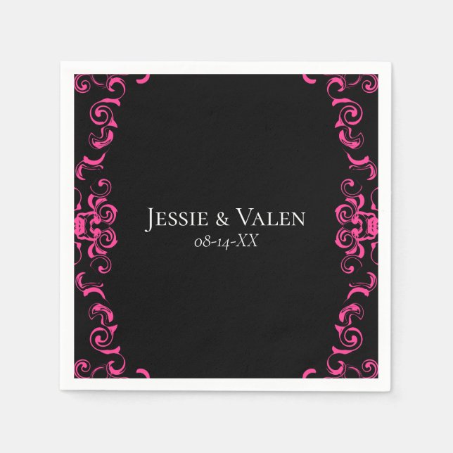 Hot Pink and Black Swirl Gothic Wedding Napkin (Front)