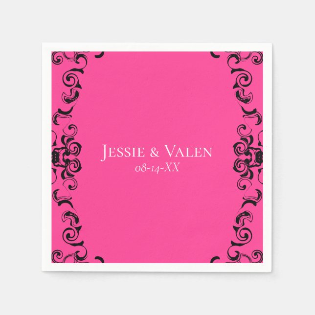 Hot Pink and Black Swirl Gothic Wedding Napkin (Front)