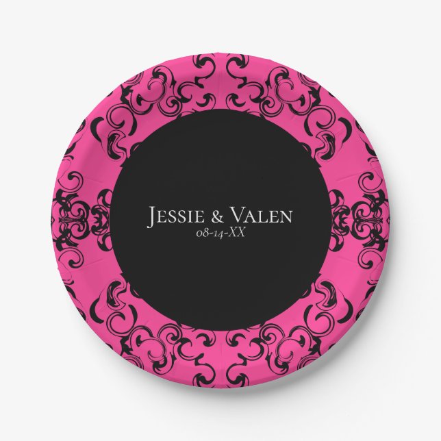 Hot Pink and Black Swirl Gothic Wedding Paper Plate (Front)