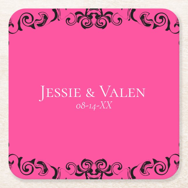 Hot Pink and Black Swirl Gothic Wedding Square Paper Coaster (Front)