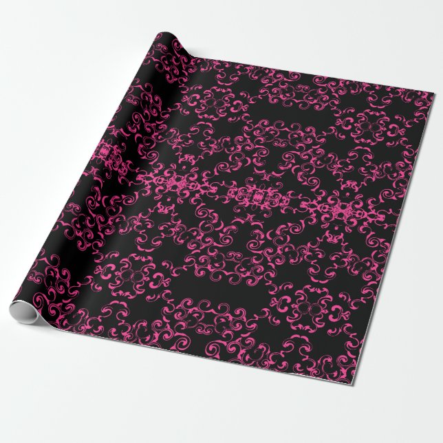 Hot Pink and Black Swirl Gothic Wedding Wrapping Paper (Unrolled)
