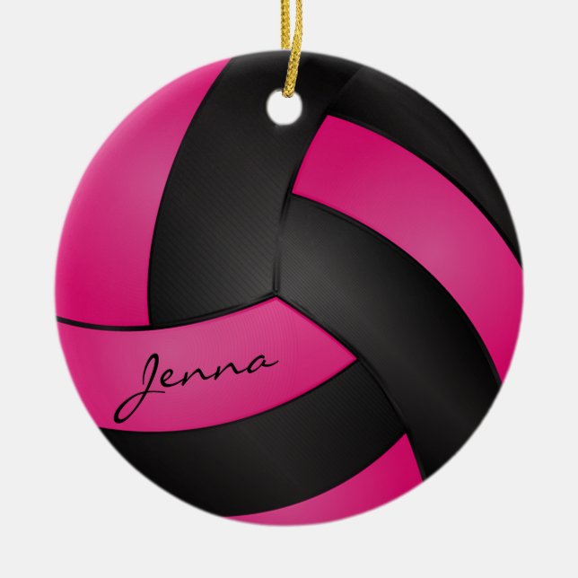 Hot Pink and Black Volleyball | DIY Name Ceramic Tree Decoration (Front)