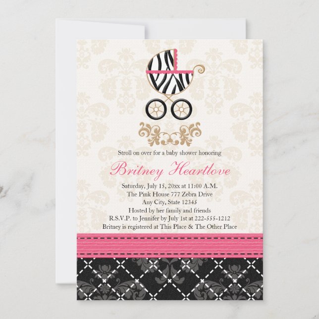 Hot Pink and Black Zebra Carriage Baby Shower Invitation (Front)