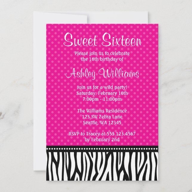 Hot Pink and Black Zebra Polka Dot Sweet 16 Invitation (Front)