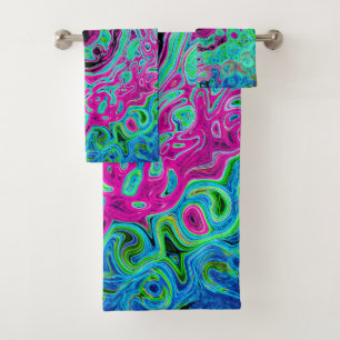 Hot Pink and Blue Groovy Abstract Retro Swirl Bath Towel Set