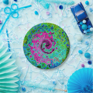 Hot Pink and Blue Groovy Abstract Retro Swirl Paper Plate