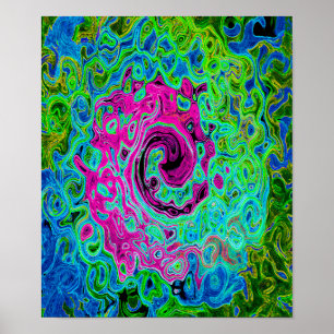 Hot Pink and Blue Groovy Abstract Retro Swirl Poster