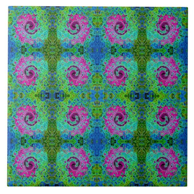 Hot Pink and Blue Groovy Abstract Retro Swirl Tile (Front)