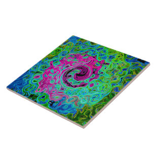 Hot Pink and Blue Groovy Abstract Retro Swirl Tile