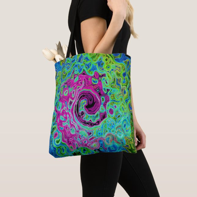 Hot Pink and Blue Groovy Abstract Retro Swirl Tote Bag (Close Up)