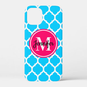 Hot Pink and Bright Aqua Trellis Monogram iPhone 12 Mini Case