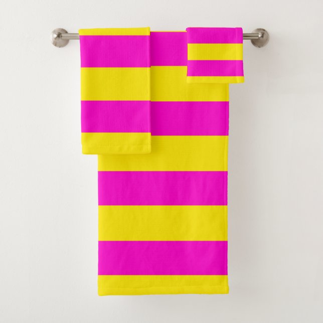 Hot Pink And Canary Yellow Stripes Bath Towel Set (Insitu)