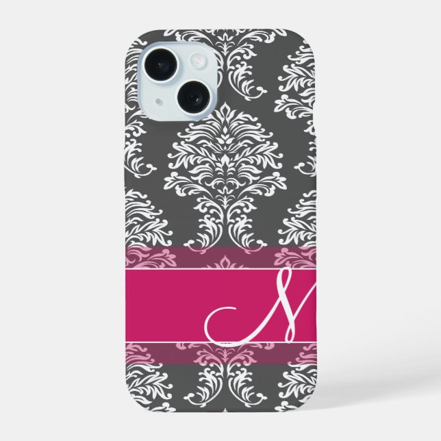 Hot Pink and Charcoal Damask Pattern with Monogram iPhone 15 Case (Back)