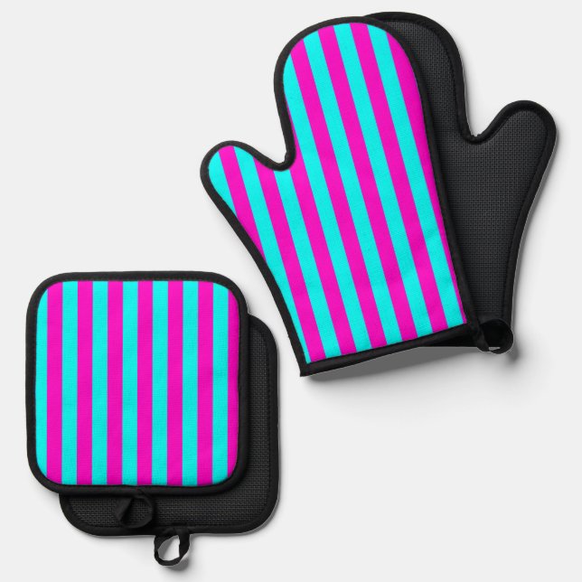 Hot Pink And Cyan Blue Green Turquoise Stripes Oven Mitt & Pot Holder Set (Front/Back)
