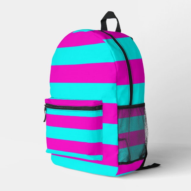 Hot Pink And Cyan Blue Green Turquoise Stripes Printed Backpack (Back Corner Right)