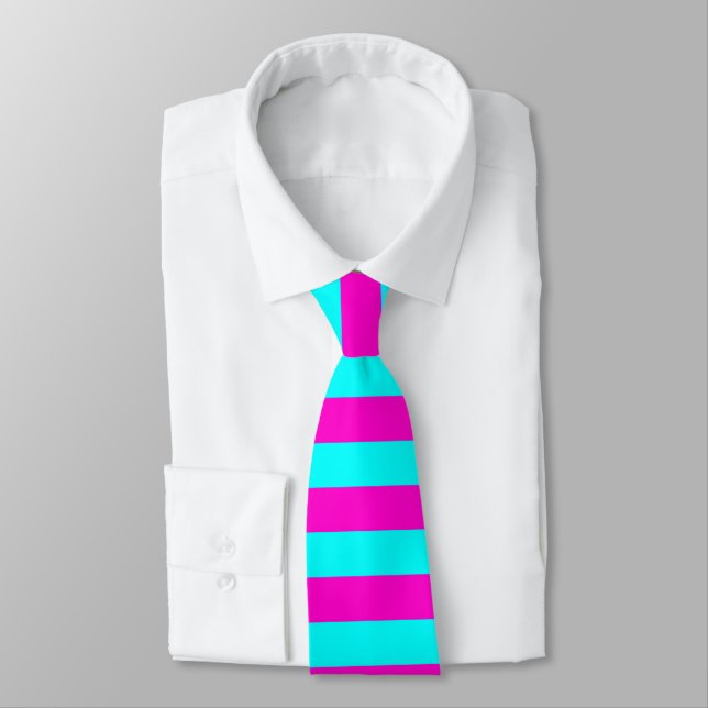 Hot Pink And Cyan Blue Green Turquoise Stripes Tie (Tied)