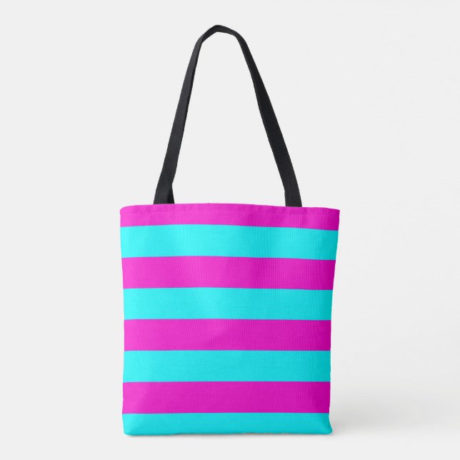 Hot Pink And Cyan Blue Green Turquoise Stripes Tote Bag (Back)