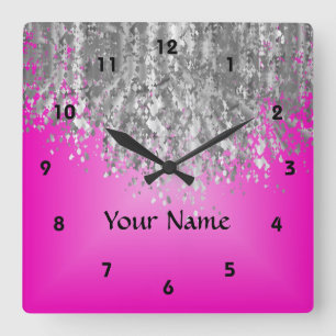Hot pink and faux glitter square wall clock