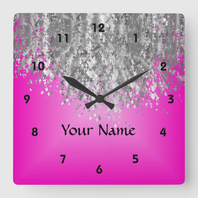 Hot pink and faux glitter square wall clock (Front)