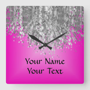 Hot pink and faux glitter square wall clock