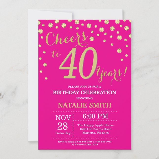 Hot Pink and Gold 40th Birthday Diamond Invitation (Front)