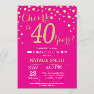 Hot Pink and Gold 40th Birthday Diamond Invitation