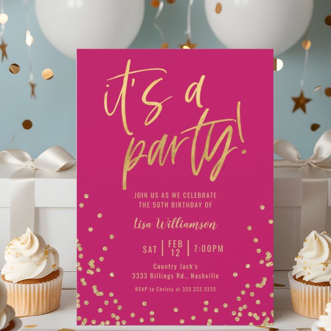 Hot Pink and Gold 50th Birthday Party Invitation (Creator Uploaded)