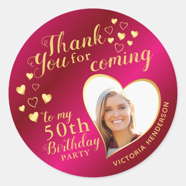 Hot Pink and Gold 50th Birthday Thank You Favour Classic Round Sticker (Front)