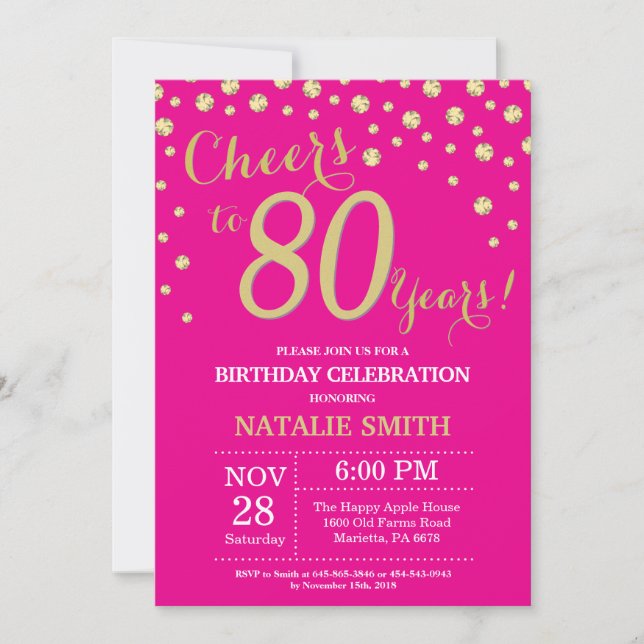 Hot Pink and Gold 80th Birthday Diamond Invitation (Front)