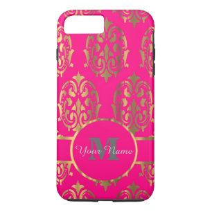 Hot pink and gold damask monogram Case-Mate iPhone case