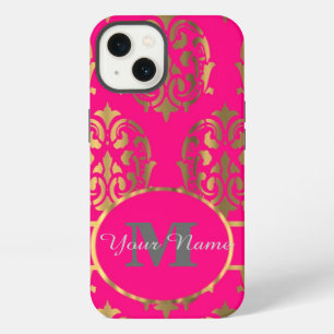Hot pink and gold damask monogram iPhone 13 case