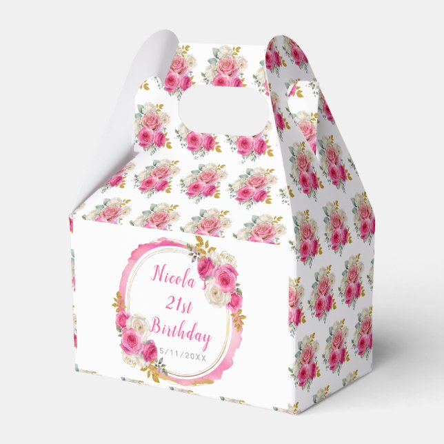 Hot Pink and Gold Elegant Flowers Birthday Favour Box (Front Side)