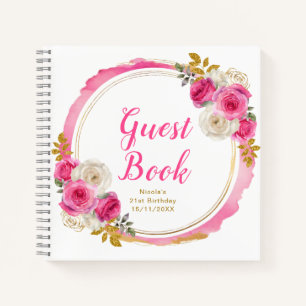 Hot Pink and Gold Elegant Flowers Birthday Party Notebook