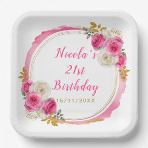 Hot Pink and Gold Elegant Flowers Birthday Party Paper Plate