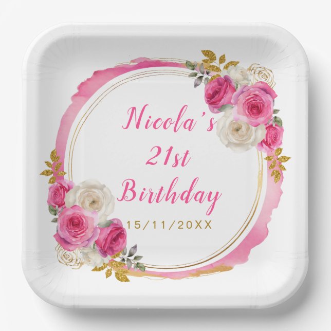 Hot Pink and Gold Elegant Flowers Birthday Party Paper Plate (Front)