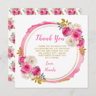 Hot Pink and Gold Elegant Flowers Birthday Party Thank You Card