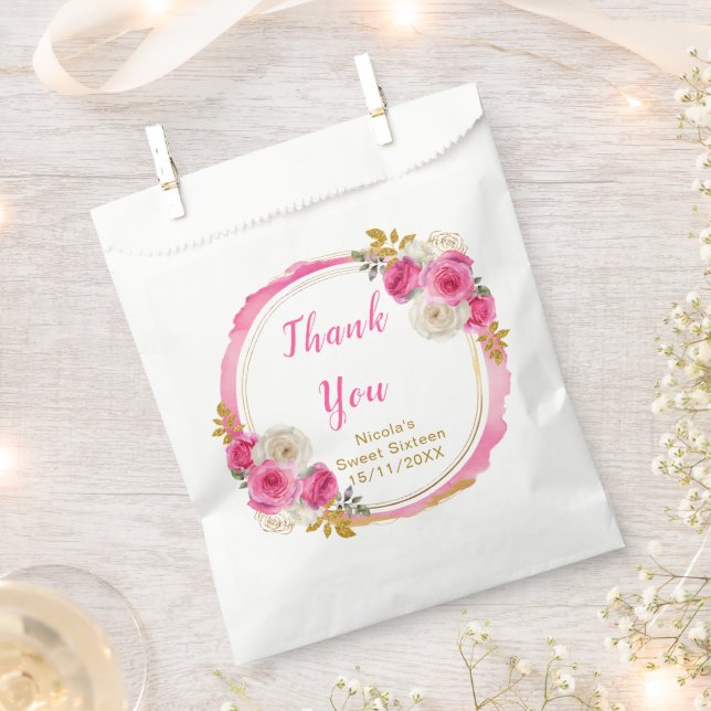 Hot Pink and Gold Elegant Flowers Sweet Sixteen Favour Bags (Clipped)