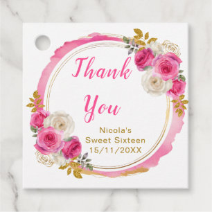 Hot Pink and Gold Elegant Flowers Sweet Sixteen Favour Tags