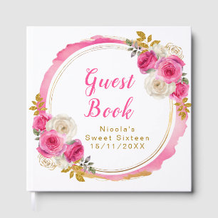 Hot Pink and Gold Elegant Flowers Sweet Sixteen Guest Book