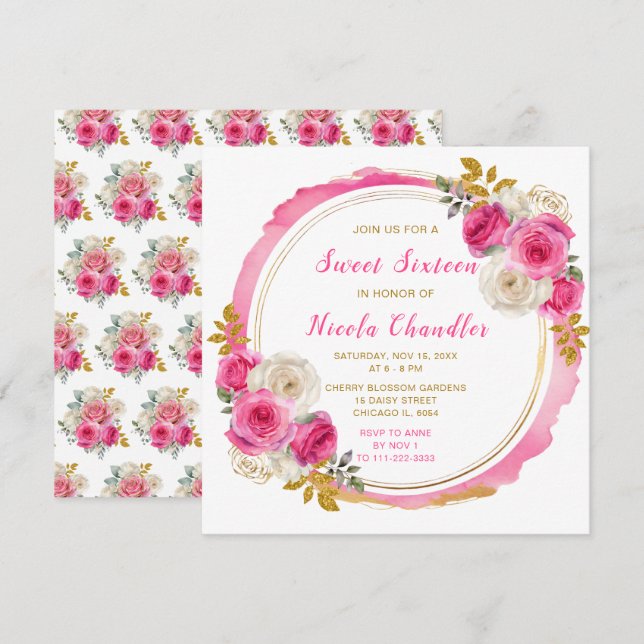 Hot Pink and Gold Elegant Flowers Sweet Sixteen Invitation (Front/Back)