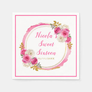 Hot Pink and Gold Elegant Flowers Sweet Sixteen Napkin