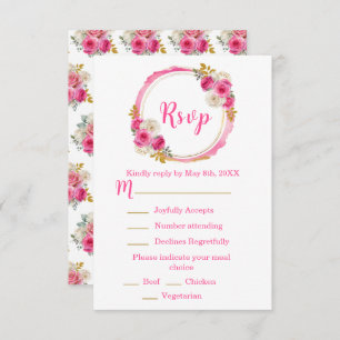 Hot Pink and Gold Elegant Flowers Sweet Sixteen RSVP Card