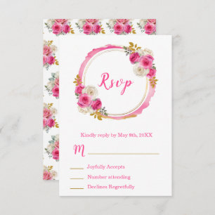 Hot Pink and Gold Elegant Flowers Sweet Sixteen RSVP Card